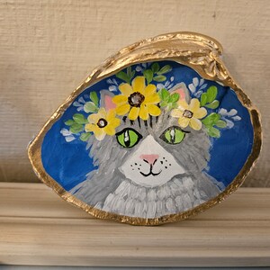 Hand-painted Shell, Artwork on Seashell, Gray Cat With Floral Wreath ...