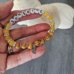 Crystal and Wood Bracelet, Yellow Sunshine Word Bracelet, You are My Sunshine, Stackable Bracelet, Custom Jewelry Gift for Her, Sally Crisp image 9