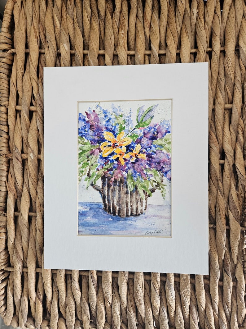 Watercolor Art Print, Wildflower Art, Hummingbird Artwork, Birds, Purple Lilac Flowers, Small Floral Painting, Garden Gift, Sally Crisp image 9