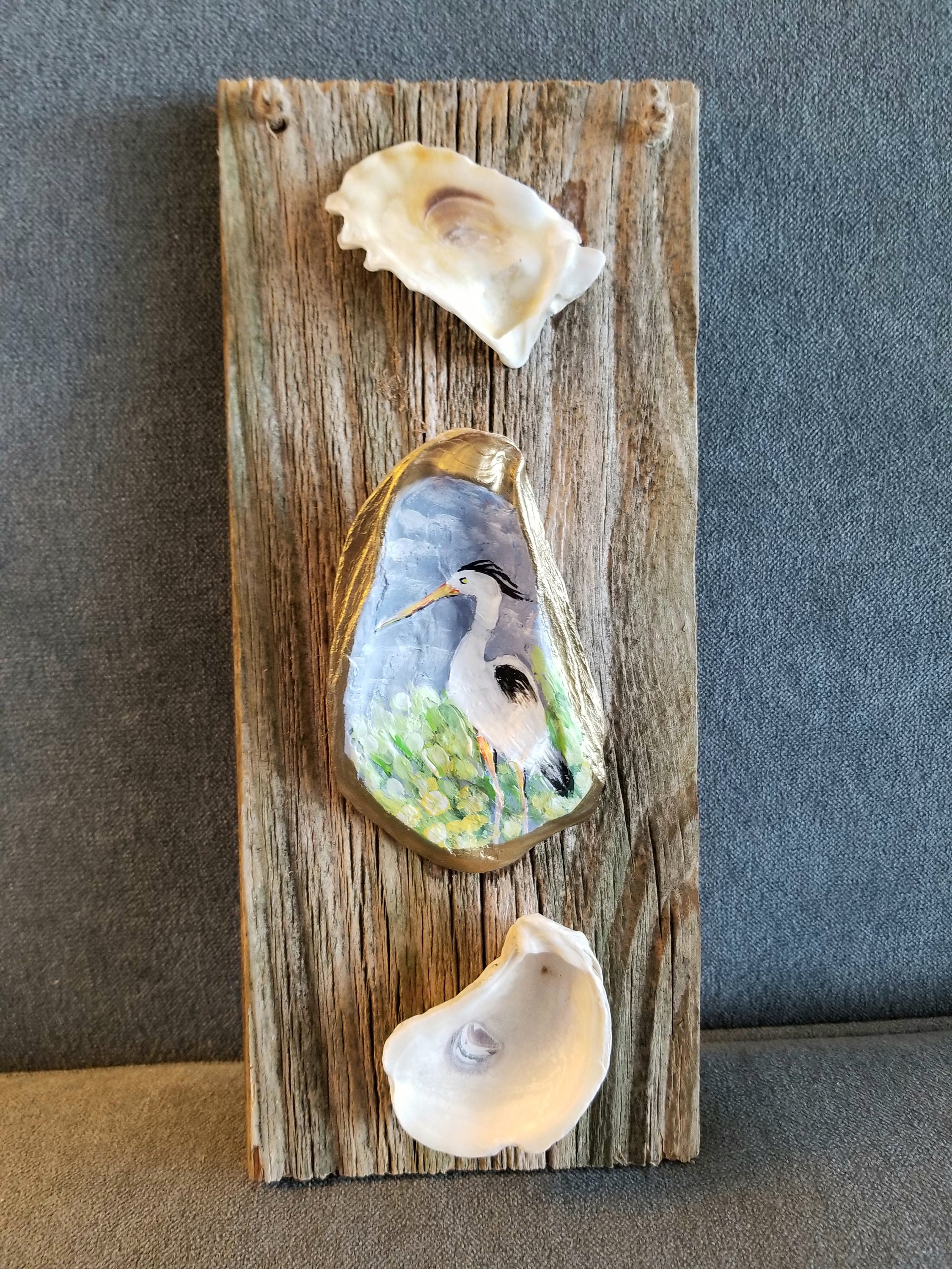 Wood Wall Art Oyster Art Shell Wall Art Blue Heron Art Etsy