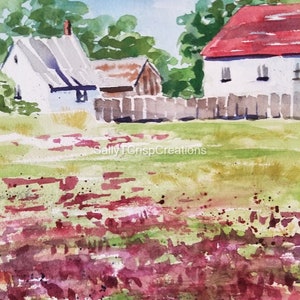 Original Barn Watercolor Painting: Farm Field Art on Arches Paper