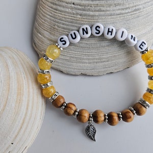 Crystal and Wood Bracelet, Yellow Sunshine Word Bracelet, You are My Sunshine, Stackable Bracelet, Custom Jewelry Gift for Her, Sally Crisp image 1