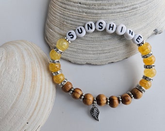 Crystal and Wood Bracelet, Yellow Sunshine Word Bracelet, You are My Sunshine, Stackable Bracelet, Custom Jewelry Gift for Her, Sally Crisp