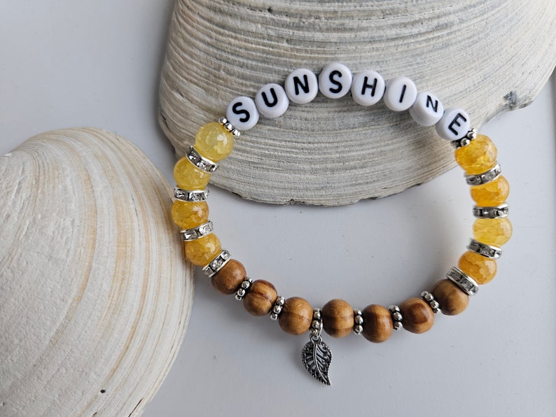 Crystal and Wood Bracelet, Yellow Sunshine Word Bracelet, You are My Sunshine, Stackable Bracelet, Custom Jewelry Gift for Her, Sally Crisp image 1