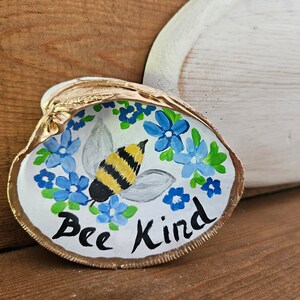 Hand-Painted Shell, Kindness Word Art, Bee Kind, Painted Seashell, Bumble Bee Art, Trinket Dish, Clam Shell Decor, Ring Dish, Sally Crisp image 4