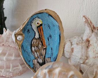 Hand-Painted Shell, Painted Seashell, Pelican on Shell, Pelican Art, Coastal Bird Decor, Personalized Gift, Original Small Art, Sally Crisp