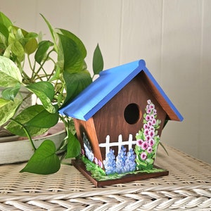 Hand-Painted Birdhouse, Birdhouse with Flowers, Cottage Style Birdhouse, Wooden Birdhouse, Decorative Birdhouse, Spring Art, Sally Crisp image 4