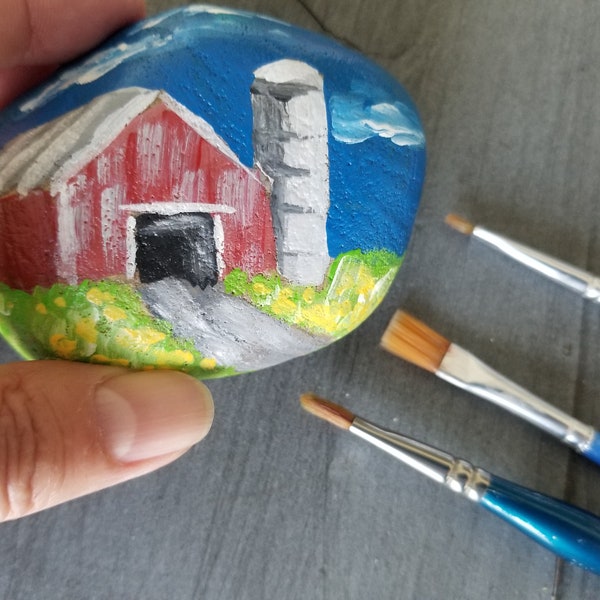 Hand Painted Stone, Hand-Painted Rock, Barn Painting, Red Barn, Small Art, Farmer Art, Desk Paperweight, Farm Decor, Fun Art, Sally Crisp