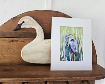 Blue Heron Watercolor Art Print, Matted Coastal Bird Art, Sally Crisp