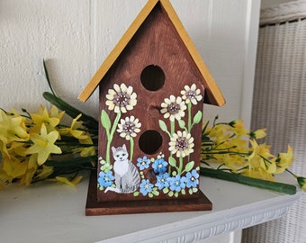 Hand-Painted Birdhouse, Decorative Birdhouse, Painted Wood Birdhouse with Sunflowers, Cat Birdhouse, Original Birdhouse Art, Sally Crisp