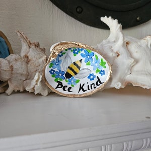 Hand-Painted Shell, Kindness Word Art, Bee Kind, Painted Seashell, Bumble Bee Art, Trinket Dish, Clam Shell Decor, Ring Dish, Sally Crisp image 9