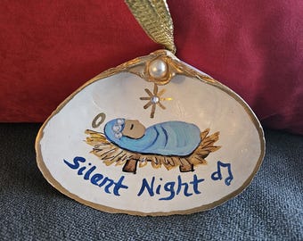 Nativity Christmas Ornament, Hand-Painted Christmas Shell, Handmade Baby Jesus, Silent Night