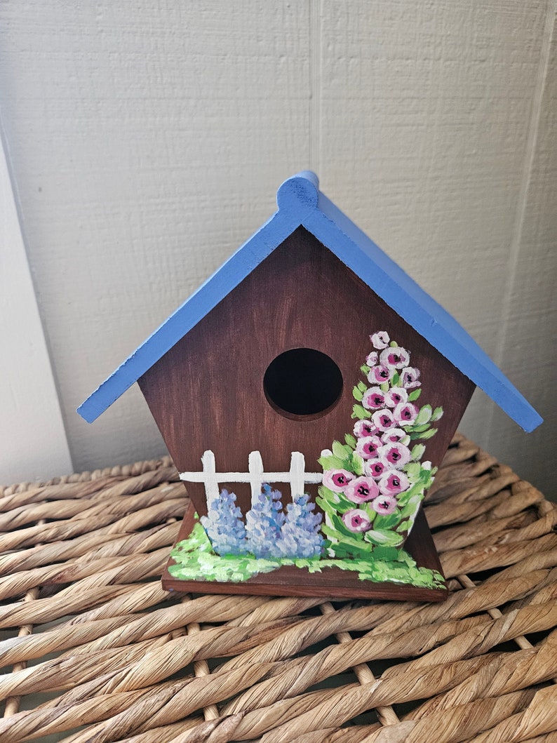 Hand-Painted Birdhouse, Birdhouse with Flowers, Cottage Style Birdhouse, Wooden Birdhouse, Decorative Birdhouse, Spring Art, Sally Crisp image 2