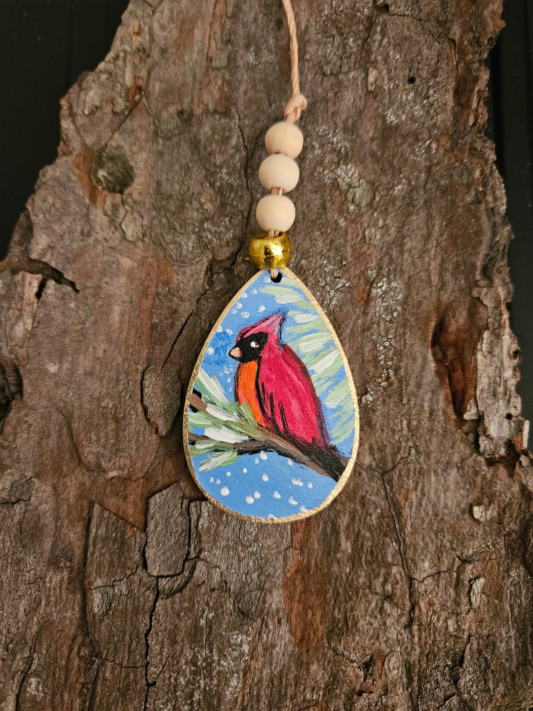 Handpainted Bird Ornament, Cardinal Ornament, Small Original Bird Art