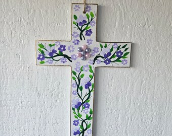 Hand-Painted Wooden Cross, Floral Cross, Easter Cross, Cross for Wall, Cross Art, First Holy Communion Gift, Easter Gift, Sally Crisp