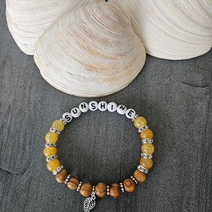 Crystal and Wood Bracelet, Yellow Sunshine Word Bracelet, You are My Sunshine, Stackable Bracelet, Custom Jewelry Gift for Her, Sally Crisp image 6