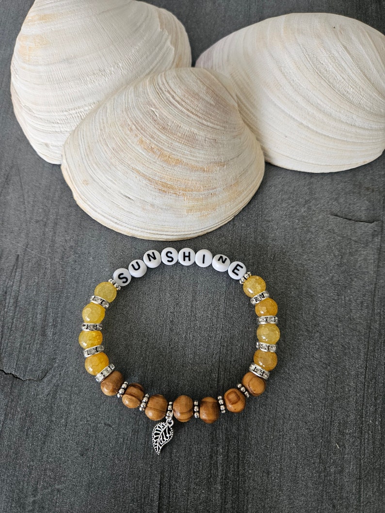 Crystal and Wood Bracelet, Yellow Sunshine Word Bracelet, You are My Sunshine, Stackable Bracelet, Custom Jewelry Gift for Her, Sally Crisp image 6