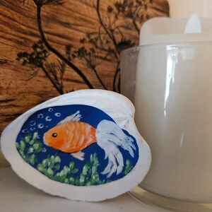 Hand-Painted Shell with Fish, Seashell Art, Tropical Fish Decor, Small Goldfish Painting Original Art, Ring Dish, Beach Gift, Sally Crisp image 7