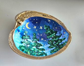 Hand-Painted Shell, Art on Seashell, Moon Artwork, Night Sky Painting, Celestial Art, Shell Decor, Trinket Dish, Small Gift, Sally Crisp