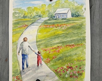 Original Watercolor Wall Art, Gift for Daddy, Father and Child Love, Sally Crisp