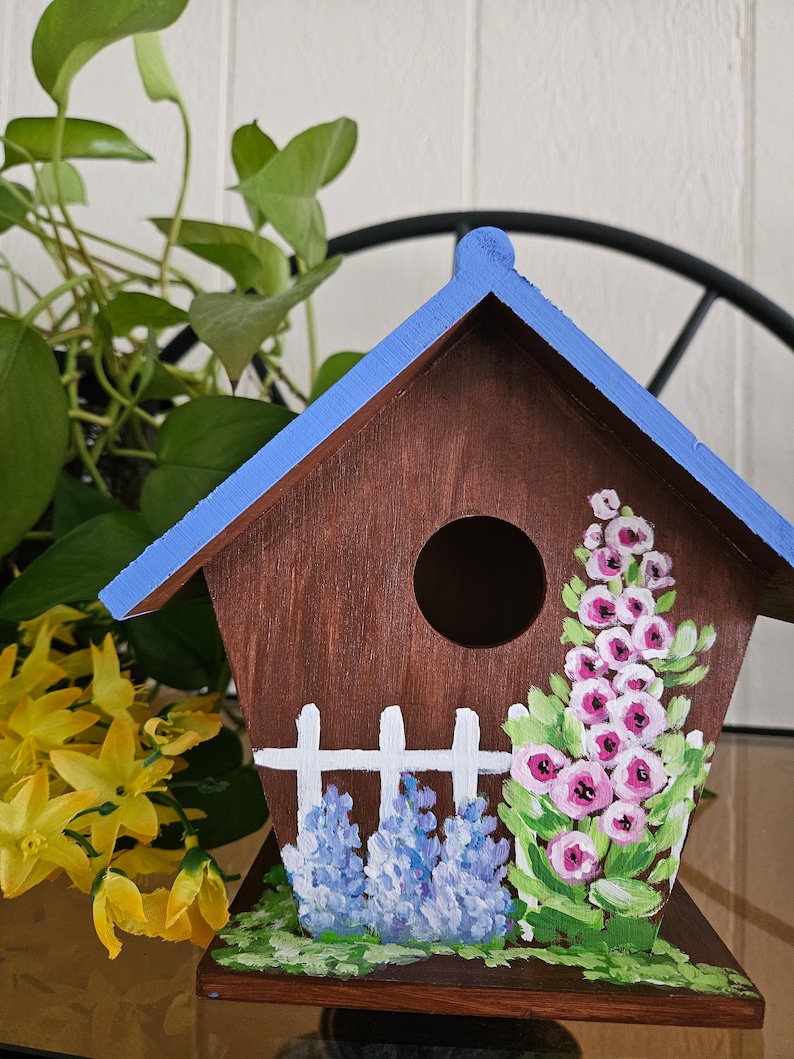 Hand-Painted Birdhouse, Birdhouse with Flowers, Cottage Style Birdhouse, Wooden Birdhouse, Decorative Birdhouse, Spring Art, Sally Crisp image 3