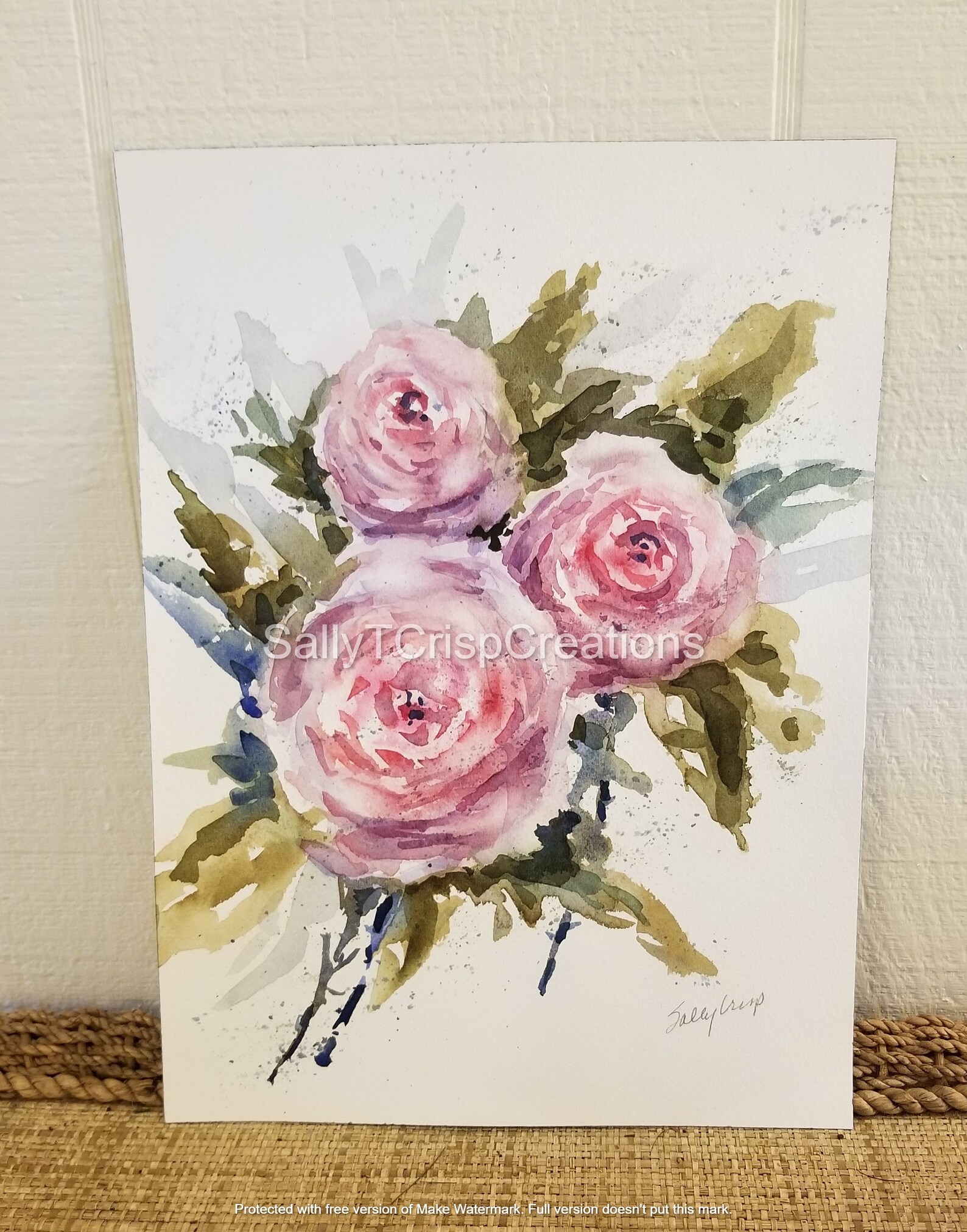 Original Watercolor Floral Painting, Pink Cottage Rose Bouquet Wall Art ...