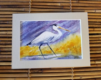 Blue Heron Watercolor Painting, Matted Bird Art