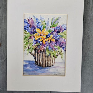 Watercolor Art Print, Wildflower Art, Hummingbird Artwork, Birds, Purple Lilac Flowers, Small Floral Painting, Garden Gift, Sally Crisp image 1