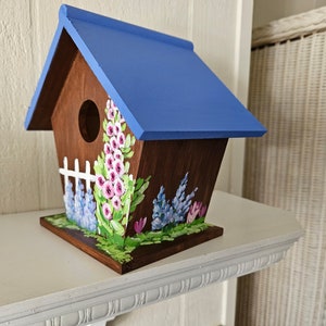 Hand-Painted Birdhouse, Birdhouse with Flowers, Cottage Style Birdhouse, Wooden Birdhouse, Decorative Birdhouse, Spring Art, Sally Crisp image 9
