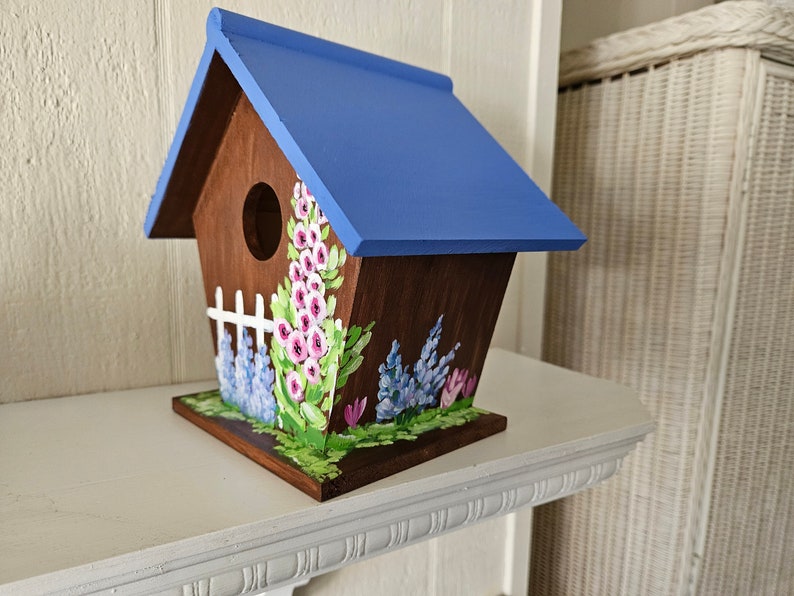 Hand-Painted Birdhouse, Birdhouse with Flowers, Cottage Style Birdhouse, Wooden Birdhouse, Decorative Birdhouse, Spring Art, Sally Crisp image 9