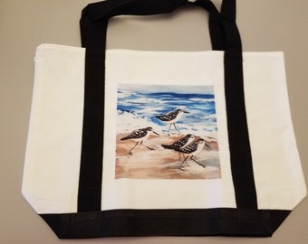 Large Tote Bag, Canvas Tote Bag with Pocket, Canvas Beach Bag, Beach Lover Gift, Sandpiper Art, Bird Lover Gift, Beach Gift, Sally Crisp
