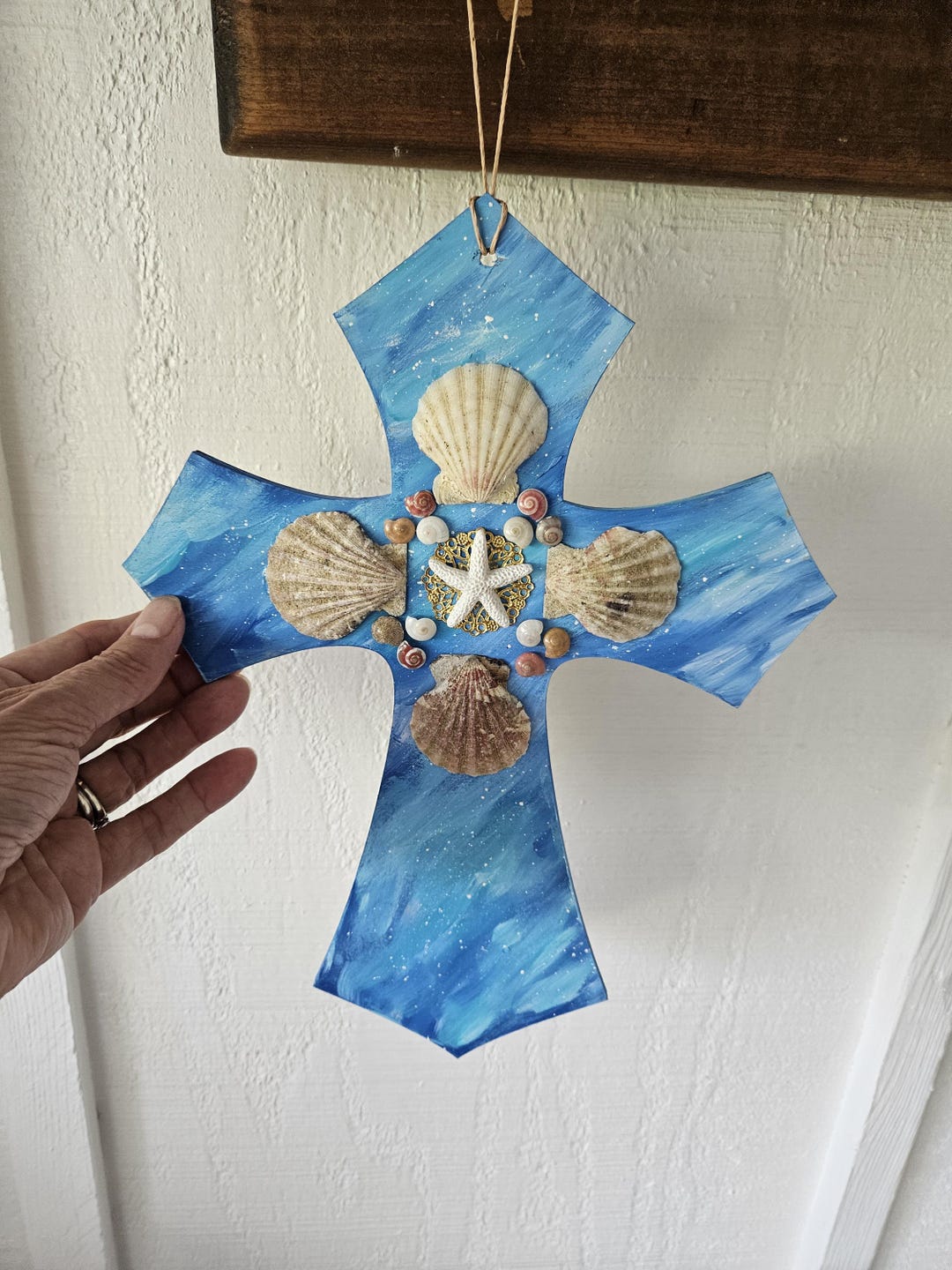 Wood Hand-painted Wall Christian Cross, Blue Coastal Theme Cross With ...