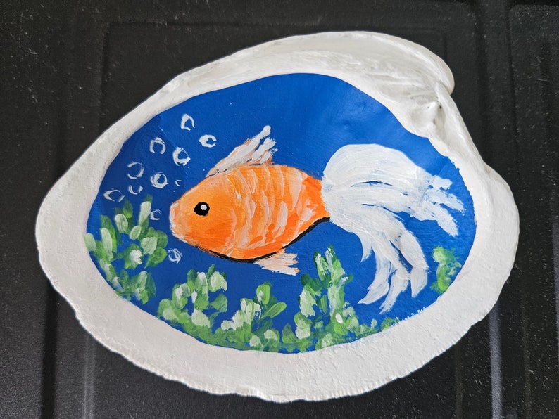 Hand-Painted Shell with Fish, Seashell Art, Tropical Fish Decor, Small Goldfish Painting Original Art, Ring Dish, Beach Gift, Sally Crisp image 1