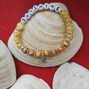 Crystal and Wood Bracelet, Yellow Sunshine Word Bracelet, You are My Sunshine, Stackable Bracelet, Custom Jewelry Gift for Her, Sally Crisp image 3