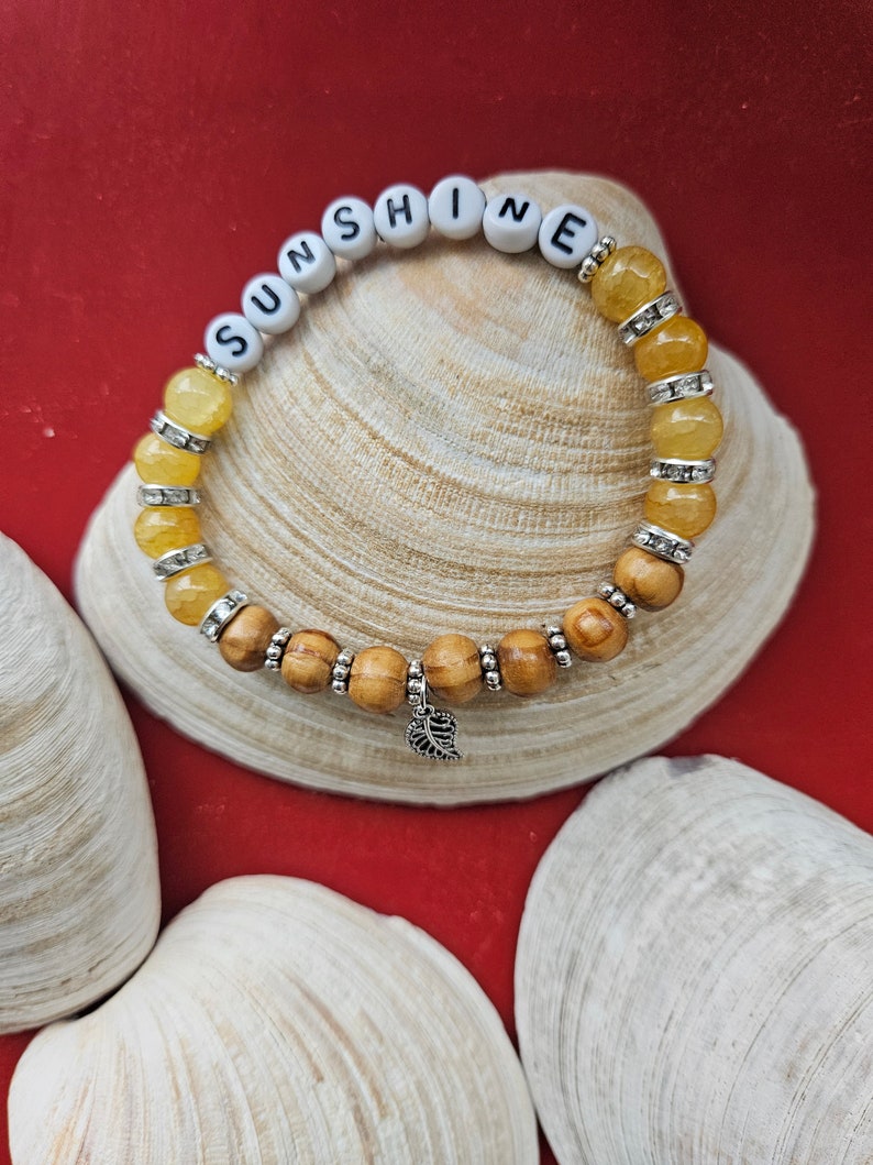 Crystal and Wood Bracelet, Yellow Sunshine Word Bracelet, You are My Sunshine, Stackable Bracelet, Custom Jewelry Gift for Her, Sally Crisp image 3