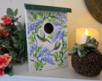 Hand Painted Birdhouse, Decorative Birdhouse, Bluebird Nesting Box, Hummingbird Decor, Garden Decor, Bird Art Gift, Lilac Art, Sally Crisp