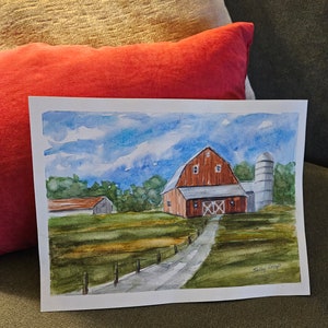 Original Watercolor Painting: Red Barn Farmhouse Art (9x12)