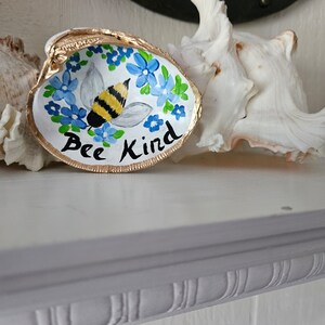 Hand-Painted Shell, Kindness Word Art, Bee Kind, Painted Seashell, Bumble Bee Art, Trinket Dish, Clam Shell Decor, Ring Dish, Sally Crisp image 10