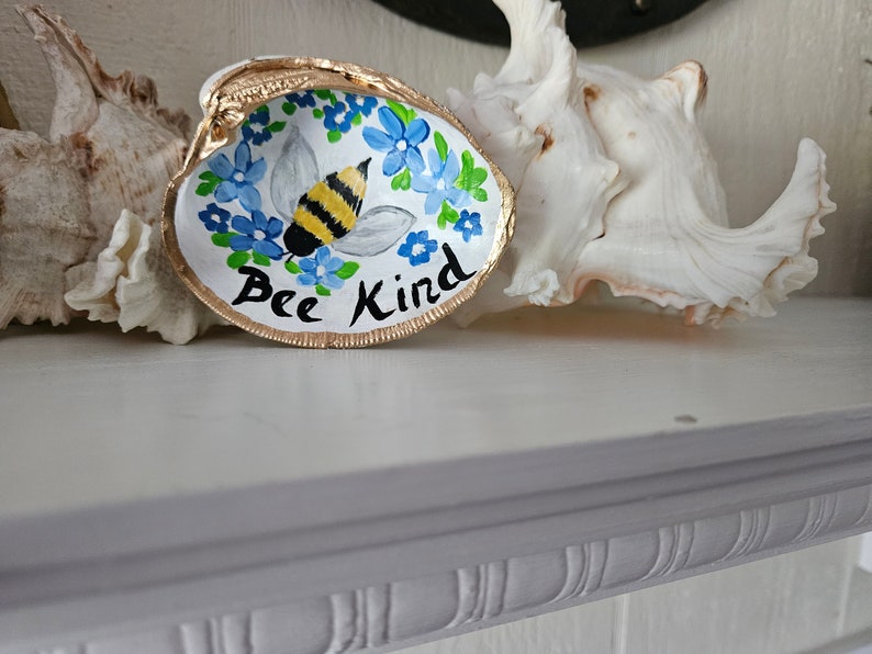 Hand-Painted Shell, Kindness Word Art, Bee Kind, Painted Seashell, Bumble Bee Art, Trinket Dish, Clam Shell Decor, Ring Dish, Sally Crisp image 10