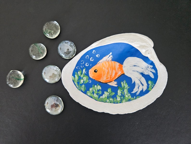 Hand-Painted Shell with Fish, Seashell Art, Tropical Fish Decor, Small Goldfish Painting Original Art, Ring Dish, Beach Gift, Sally Crisp image 2