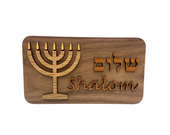 Shalom 3D Raised Letters and Menorah Plaque Made From Solid Hardwoods