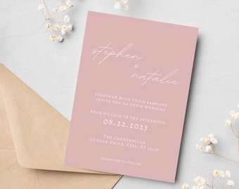 ダスティピンクの結婚式招待状テンプレート 最小限の編集可能で印刷可能 すぐにダウンロード可能 デジタルクリーンテンプレート Canva 結婚式招待状 エレガント