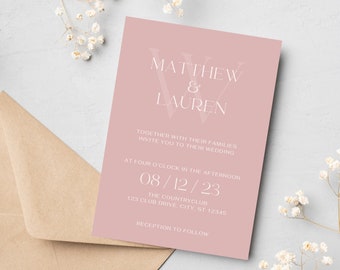 ダスティピンクの結婚式招待状テンプレート 最小限の編集可能で印刷可能 すぐにダウンロード可能 デジタルクリーンテンプレート Canva 結婚式招待状 エレガント