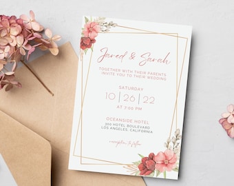 結婚式招待状テンプレート 花柄 編集可能 印刷可能 すぐにダウンロード可能 デジタル花柄水彩画テンプレート Canva 結婚式招待状 エレガント