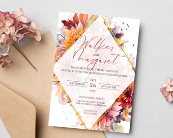 結婚式招待状テンプレート 花柄 編集可能 印刷可能 すぐにダウンロード可能 デジタル花柄 ワイルドフラワー 水彩画テンプレート Canva 結婚式招待状