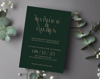 エメラルドグリーンの結婚式招待状テンプレート 最小限の編集が可能 印刷可能 すぐにダウンロード可能 デジタルクリーンテンプレート Canva 結婚式招待状 エレガント