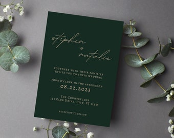 エメラルドグリーンの結婚式招待状テンプレート 最小限の編集が可能 印刷可能 すぐにダウンロード可能 デジタルクリーンテンプレート Canva 結婚式招待状 エレガント