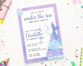 誕生日招待状テンプレート マーメイド 編集可能 印刷可能 すぐにダウンロード可能 デジタル 海底 マーメイド 水彩画 テンプレート Canva 5x7 4x6