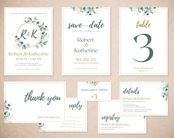 結婚式招待状テンプレート 花柄 編集可能 印刷可能 すぐにダウンロード可能 デジタル花柄 葉っぱ 水彩画 テンプレート Canva ウェディングバンドルパッケージ