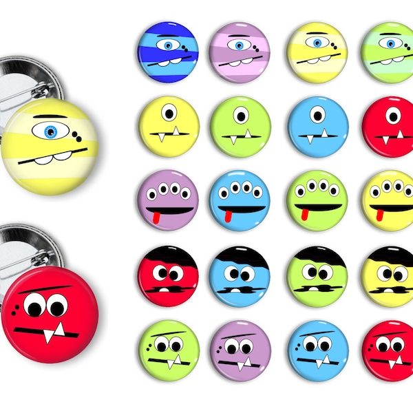 Silly Monster Faces Birthday Party Favors  1.25 inch Buttons Monster Theme